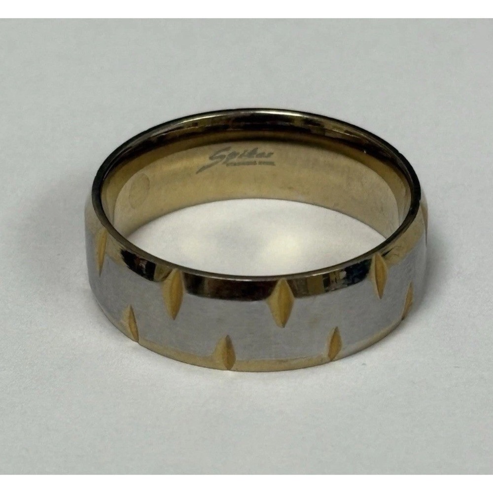 SPIKAS Indented Beveled Edges Silver Stainless Steel Gold Tone Wedding Band Ring